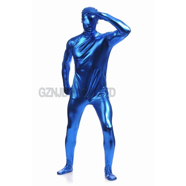 

mens faux leather metallic deep blue bright full skin zentai cosplay costume halloween suit bodysuit unitard leotard, Black