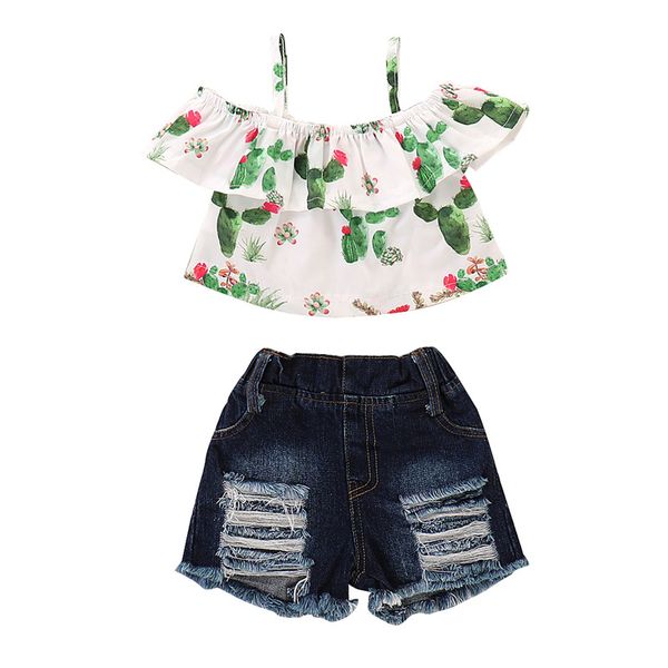 

summer children's sets newborn baby girls off shoulder cactus print blouse +ripped denim shorts beach holiday girls clothes, White