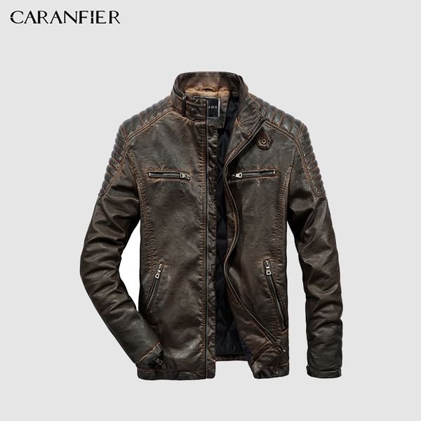 

mens leather jackets winter vintage motorcycle overcoat stand collar zipper pockets solid coats outerwear, Black