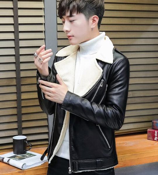 

autumn and winter fashion trend of europe the united states new south korean version of men lamb fur collared leather coat m-2xl, Black