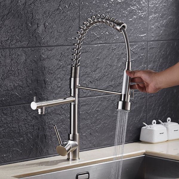 

Luxury Gold Color Kitchen Faucet Tap Two Swivel Spouts Extensible Spring Mixer Tap Pull Out Down Kitchen Sink Faucet Torneira