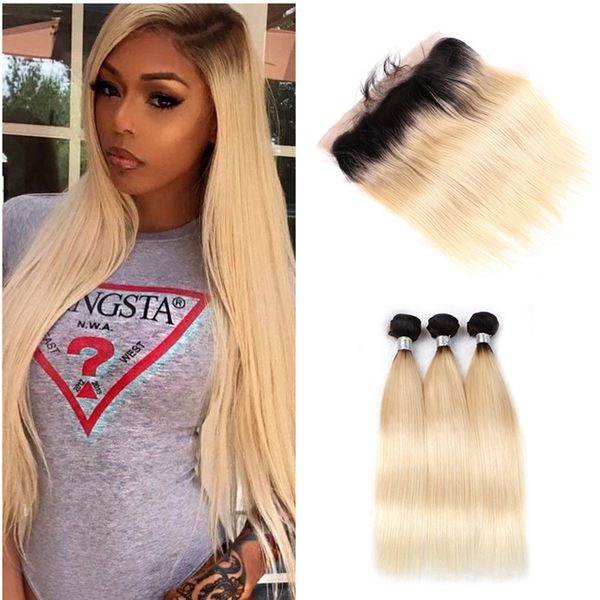 

9a 1b 613 blonde dark root ombre ilky traight virgin human hair bundle with 13x4 ear to ear full lace frontal clo ure