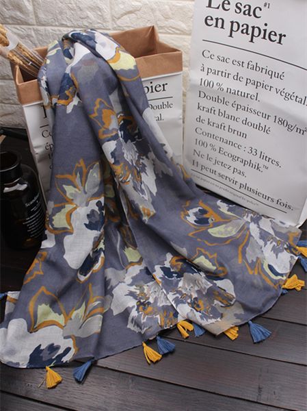 

the new chinese style retro flower pattern printing ink scarf fashion wild 100% cotton and linen beach sunscreen women's shawl, Blue;gray