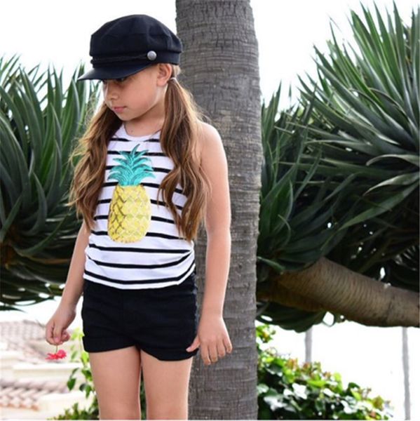 

new fashion lovely children girls clothes sets pineapple striped vest t-shirt + shorts outfits clothes, White