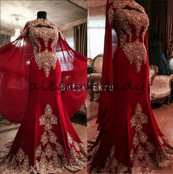 

Red Luxurious Lace 2018 Arabic Dubai India Evening Dresses Sweetheart Mermaid Tulle Prom Dresses With A Cloak Formal Party Gowns