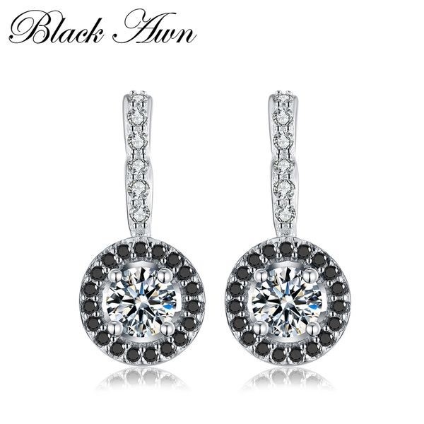 

black awn] vintage genuine 925 sterling silver engagement hoop earrings for women with black&white stone jewelry bijoux t001, Golden;silver