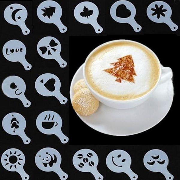 16 pz Stencil Filtro Caffettiera Cappuccino Caffè Barista Stampo Modelli Cospargere Fiori Pad Spray Art Strumenti per il caffè XB