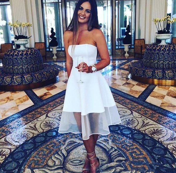 

Simple White Cocktail Dresses A Line Strapless Knee Length Satin And Tulle Short Prom Wear Custom Made Homecoming Dresses