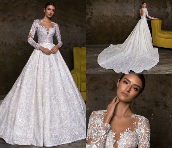 

кристалл дизайн бальное платье свадебные платья sheer jewel шеи кружева полный аппликации развертки поезд полые назад с длинным рукавом свад, White