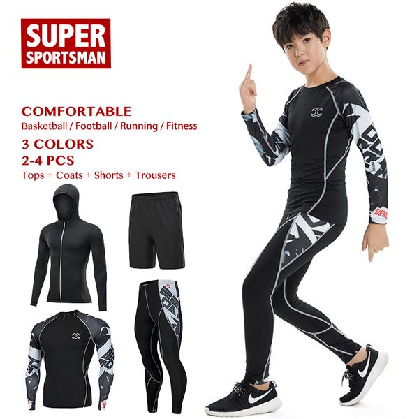 

children fitness tights gym clothing kids boys running tracksuit men training jogging suits sports wear clothes compression sets, Black;blue