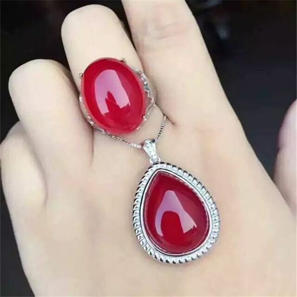 

kjjeaxcmy boutique jewels 925 pure silver inlay natural red jade medulla ring + pendant + set set inlay drill-drop plant xiangya, Black