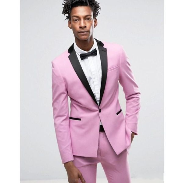 Brandneue rosa Herren-Hochzeits-Smokings, hochwertiger Bräutigam-Smoking, schwarzer Reverskragen, One-Button-Blazer für Herren, 2-teiliger Anzug (Jacke + Hose + Krawatte) 621