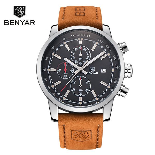 

benyar brand watches men fashion waterproof chronograph sport quartz wrist watch leather clock saat relogio masculino, Slivery;brown