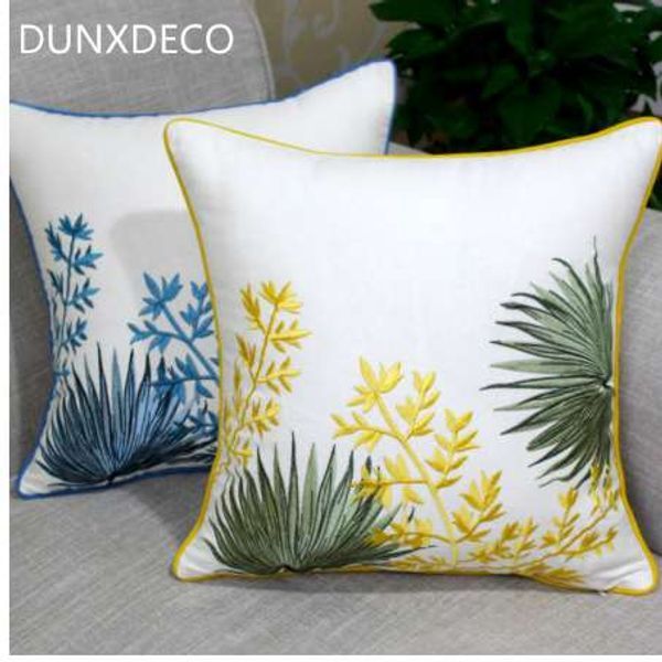 DUNXDECO Kissenbezug, dekorativer Kissenbezug, Landhausstil, Gartenblatt, gelb, blau, Stickerei, Coussin, Sofa-Dekoration