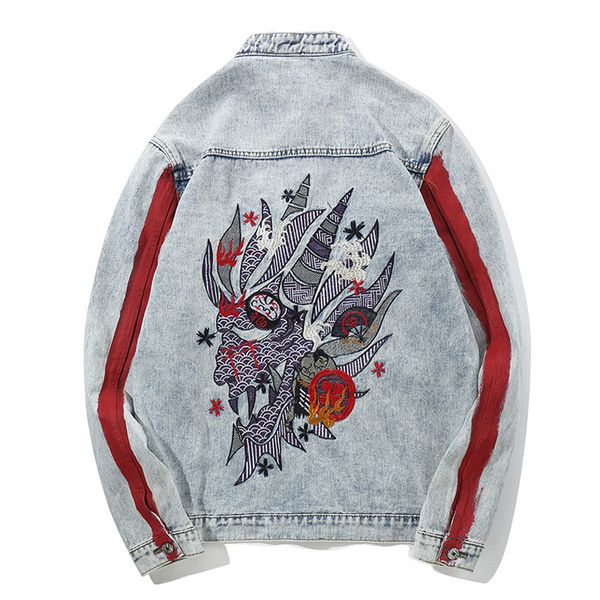 

stand collar dragon embroidery hip hop jeans men 2018 autumn vintage washing blue men's jeans jackets man clothing streetwear, Black;brown