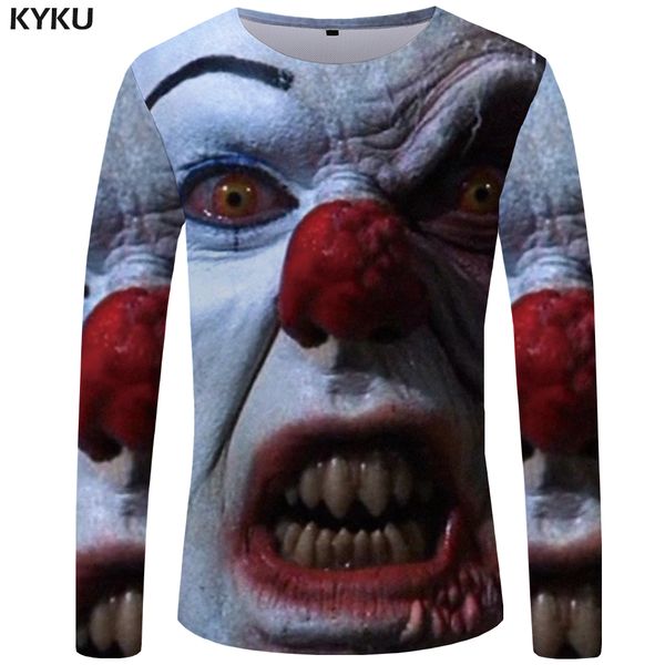 

kyku clown long t shirt men angry t-shirt punk rock gothic white 3d printed tshirt hip hop casual mens clothing streetwear top, White;black