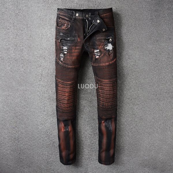 

wholesale-new france style #8802# mens distressed knee pad moto pants ribbed skinny bleached burgundy biker jeans slim trousers size 29-42, Blue