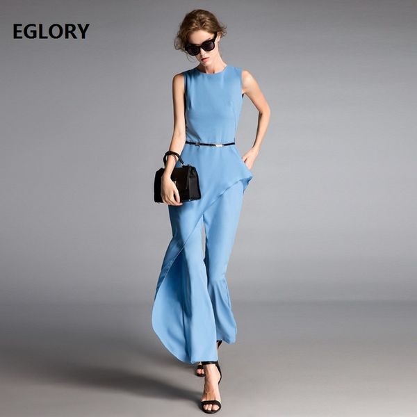 

2018 summer new jumspuits women ruffles design pockets patchwork straight full length long bodysuits office ladies pant jumpsuit, Black;white