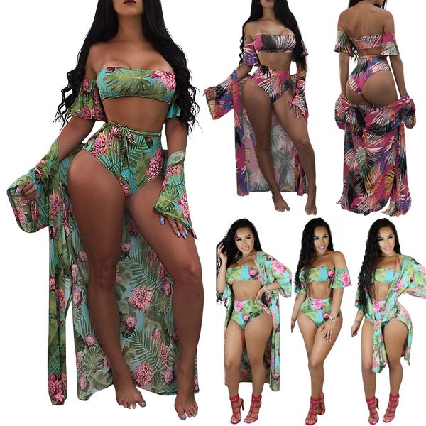 

2018 european and american fashion ladies tropical print blouse + horn sleeve lacing, high waist split swimsuit, three sets of women, White;black