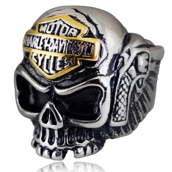 

hnsp punk rock stainless steel wings skull finger ring for men male big size 2018 new, Golden;silver