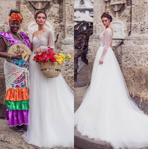 

lorenzo rossi lace a line wedding dresses one shoulder backless bridal gowns appliqued beach wedding dress vestido de novia, White