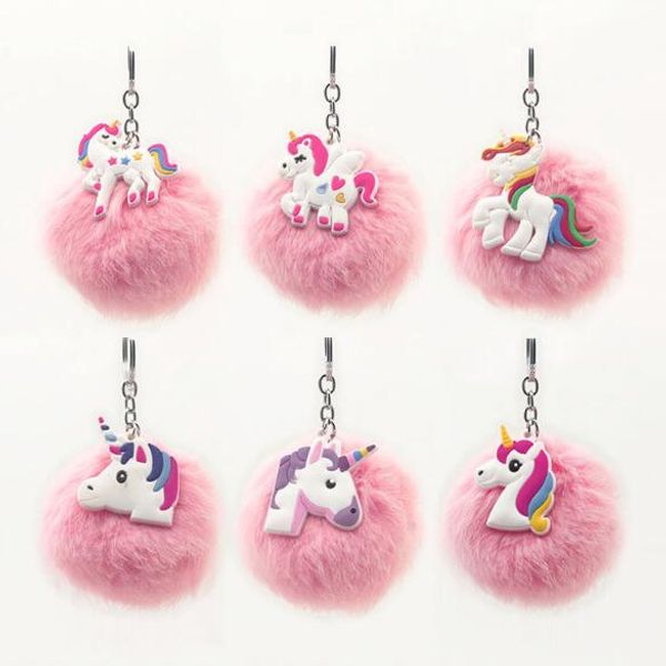 

Fluffy unicorn keychain emoji pompom key ring cell phone charm handbag pur e pendant fur ball key chain cca9576 100pc