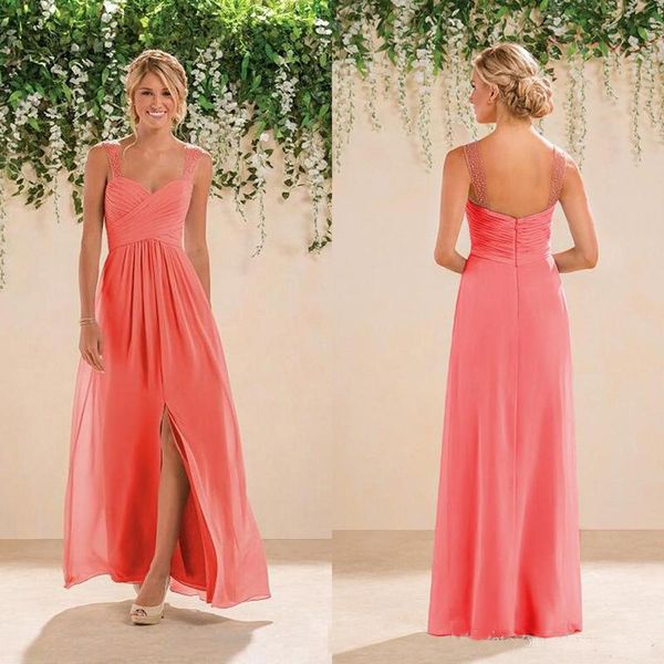 

Cheap Chiffon Coral Country bridesmaid dresses 2018 Spaghetti Straps Backless Crystals Beaded Prom Gowns Font Split wedding guest dress