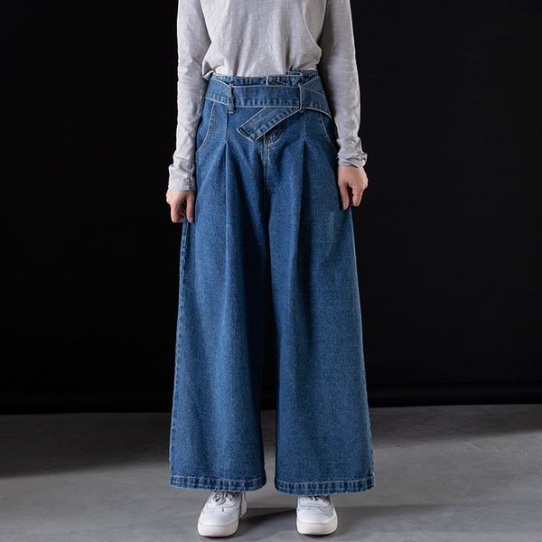 

women wide leg denim pants plus size casual jeans bleached washed straight baggy jean high waist baggy trousers with belt ck8128, Blue