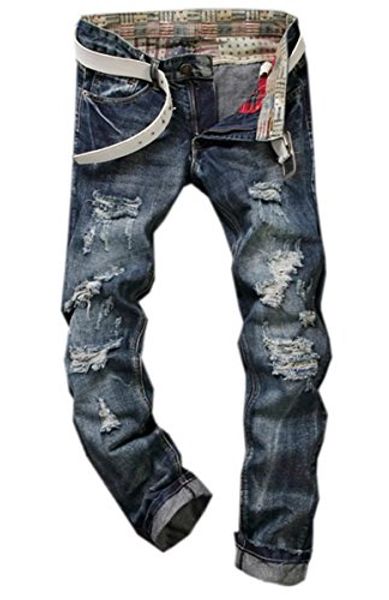 

betusline mens destroyed holes ripped straight fit biker denim jeans pants, Blue