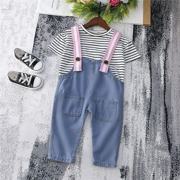 

2018 new summer item kids casual suit including suspender jeans pant+stripe t-shirt 2pcs per set, White