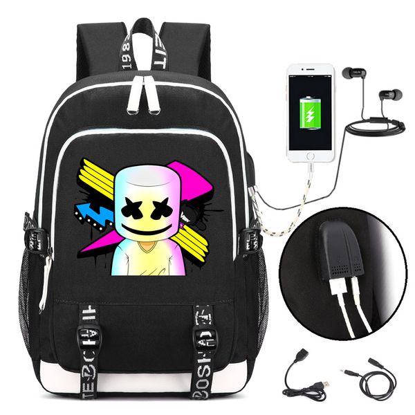 

marshmello face alone dj backpack with usb charging port and lock &headphone interface for college student work men & women