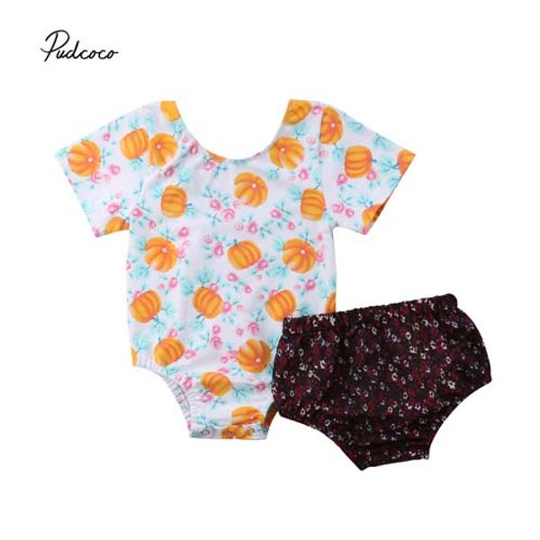 

pudcoco 2018 newborn baby girl halloween clothes set pumpkin print bodysuit+floral pp shorts 2pcs princess outfits costume 0-24m, White