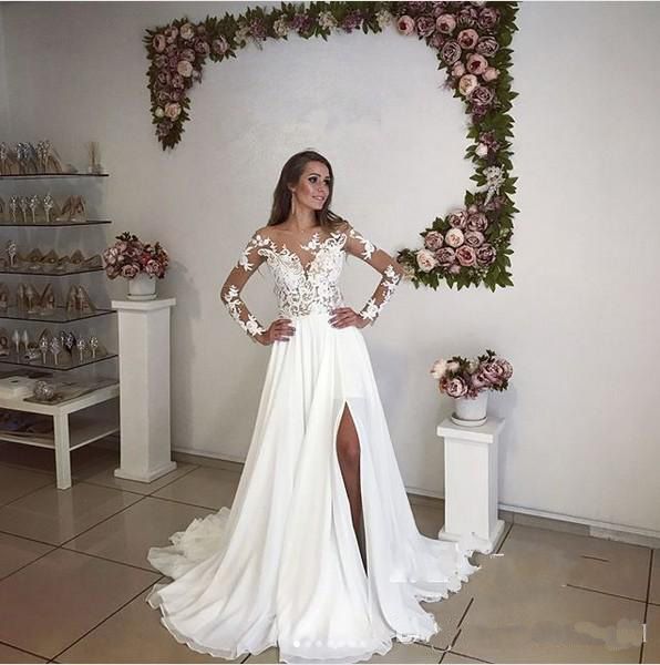 

elegant a-line chiffon beach wedding dresses 2017 sheer neck back lace appliques long sleeves thigh-high slits bridal gowns, White