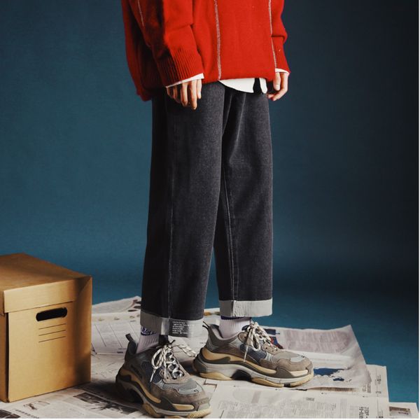 

fashion casual men's jeans autumn and winter new s-xl stitching loose straight pants dark gray blue personality youth popular