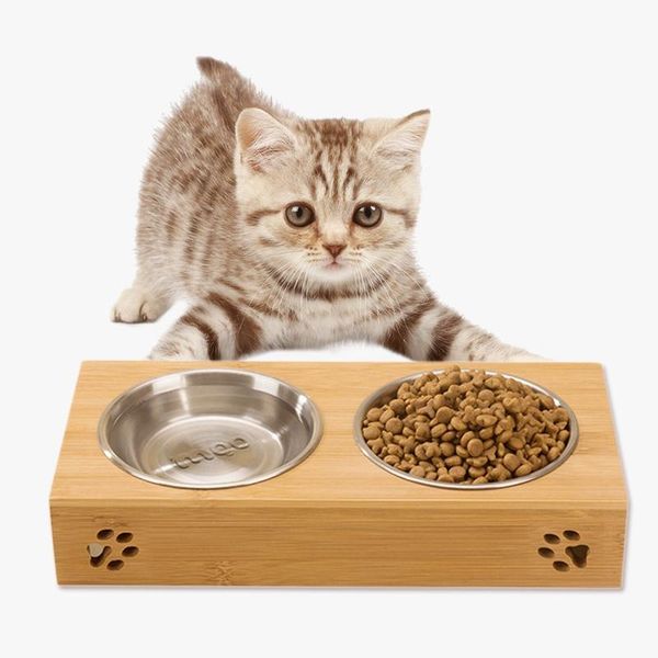 2020 Pet Dog Bowl Bamboo Stainless Steel Double Food Water Teddy
