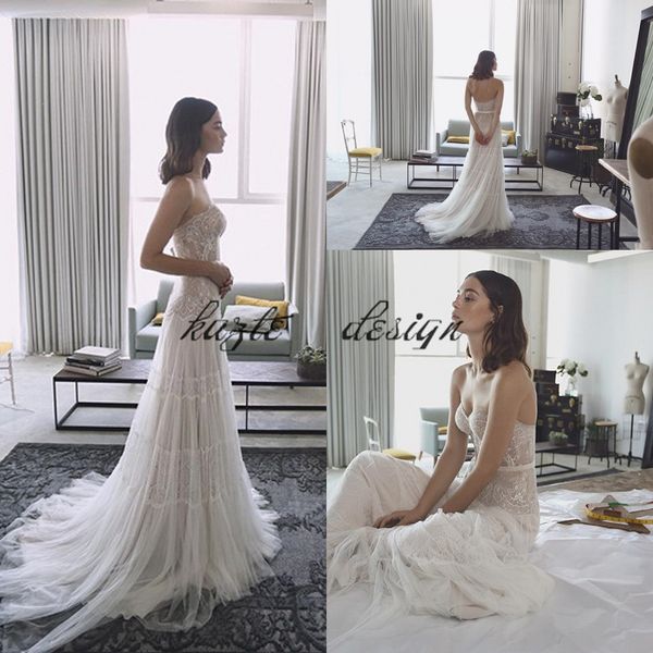 

2018 lihi hod bohemian wedding dresses lace applique sweetheart backless country bridal dress sweep train sleeveless beach wedding gowns, White