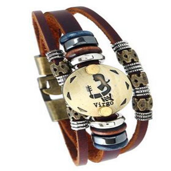 

twelve constellation cowhide leather bracelets for women men bracelet with beads charm chain & link easy-hook bangles jewelry, Black