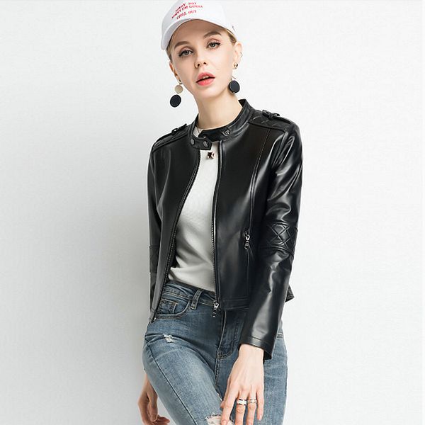 

jacket women black leather coat 100% sheepskin simple design zipper stand neck pockets long sleeves jacket new fashion 2018, Black;brown