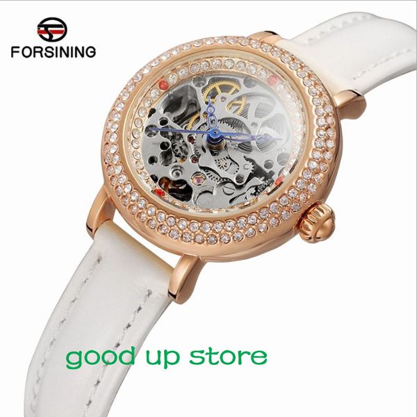 

forsining ladies fashion casual hollow rhinestone small dial as a gift waterproof automatic mechanical watch for women little wrist watches, Slivery;brown