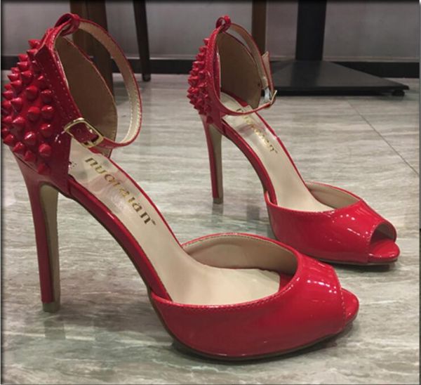 

{Original box}10cm Heel New Brand Fashion Brand Red Bottom High Heels Dress Shoes Sexy Rivets Spiked Open Toe Stiletto Sandals Size 34-41