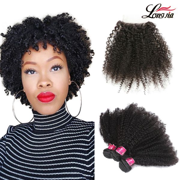 

малайзийский arfo кудрявый волос ткать пучки необработанные человеческие волосы 3/4 пучки с 4*4 закрытия свободной части малайзии девственны, Black