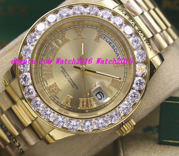 

luxury watches mens 41mm 18k yellow gold date with bigger diamond automatic fashion men's watch wristwatch, Slivery;brown