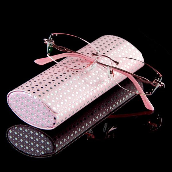 

luxury rhinestone reading glasses women diamond cutting rimless glasses high clear women's pink readers presbyopic eye glasses