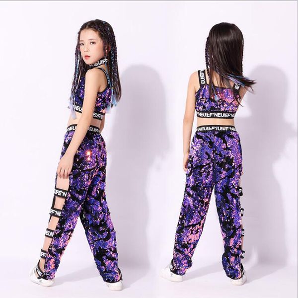 

children girls purple sequined coats pants hip hop clothing outfits jazz dance costume kids ballroom dancing wear stage suits, Black;red