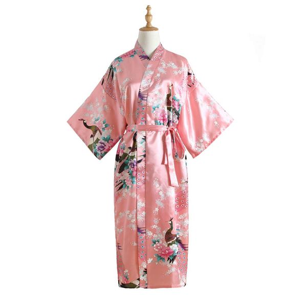 

bride wedding nightwear pink lady kimono bathrobe intimate lingerie nightgown gown satin sleepwear peacock home clothes, Black;red