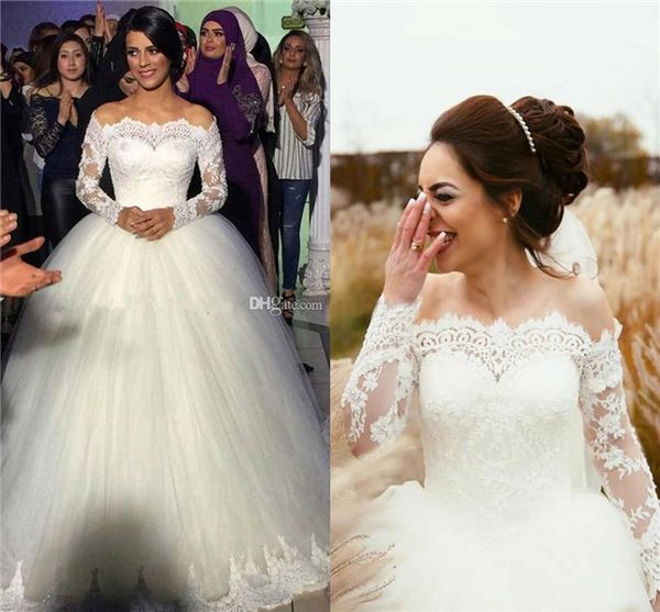 

ball gown sheer wedding dresses bateau neck off shoulder long sleeves lace tulle wedding dresses elegant bridal dress, White
