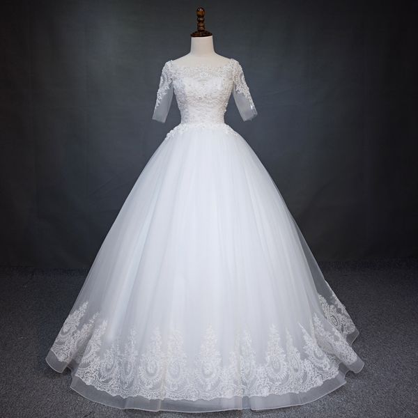 

lace appliques ball gown wedding dresses 2018 half sleeves vintage wedding dress floor length bridal gown mariage, White