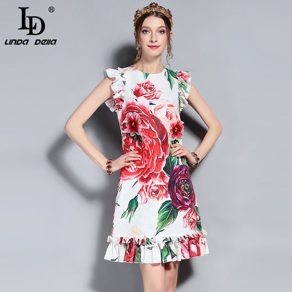 

ld linda della new 2018 fashion runway summer dress women's sleeveless vest ruffles peony floral printed appliques elegant dress, White;black