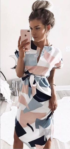 

women casual dersses v-neck geometric flora printed dresses knee-length summer short sleeve dresses for women, Black;gray