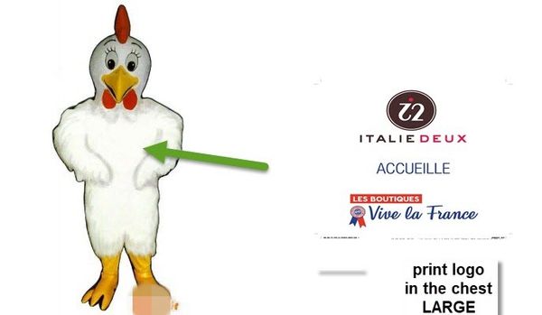 Benutzerdefiniertes weißes Hühnermaskottchenkostüm mit Logo, kostenloser Versand in Erwachsenengröße